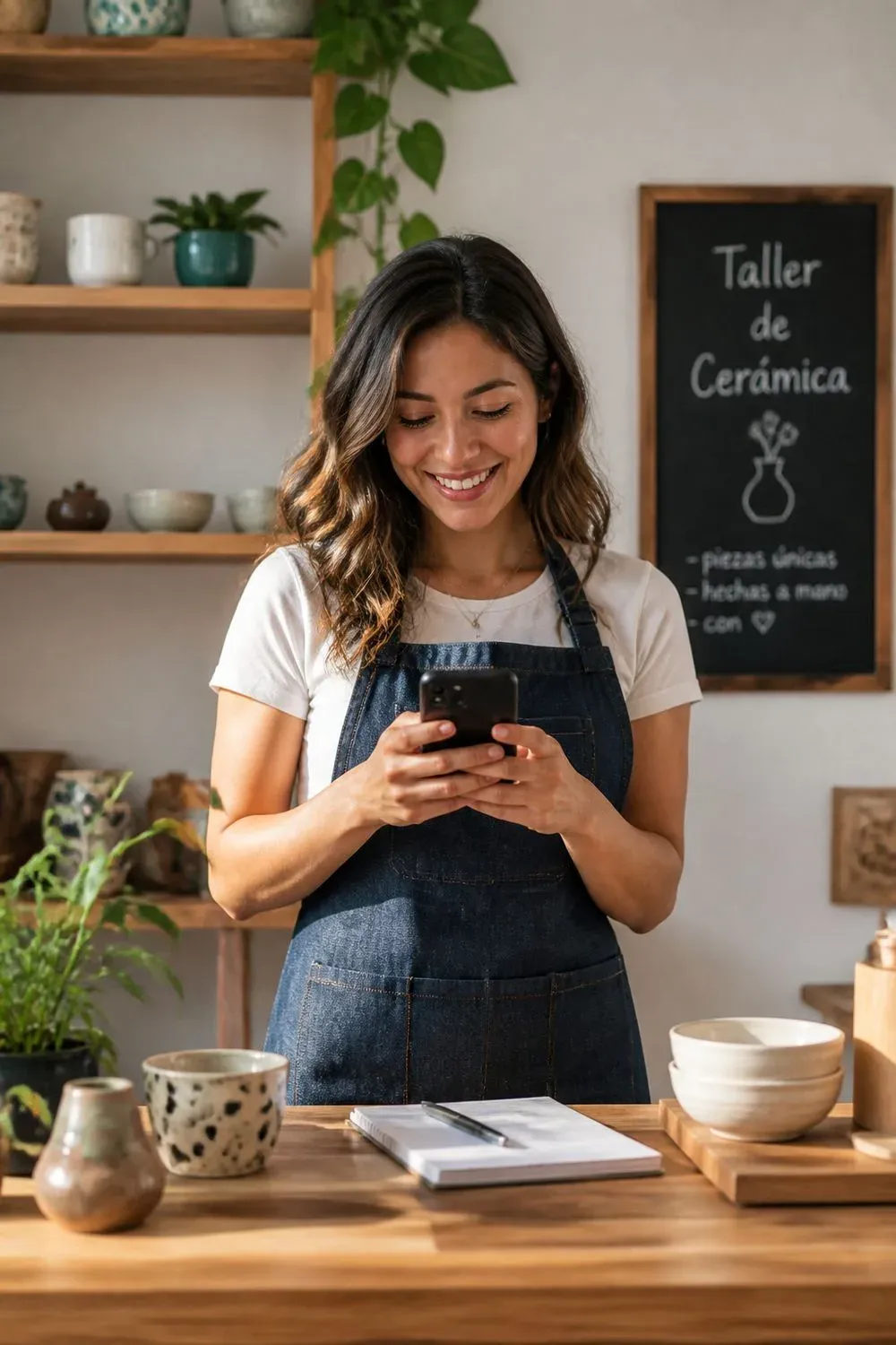 Dueña de un negocio revisando su celular, sonriendo